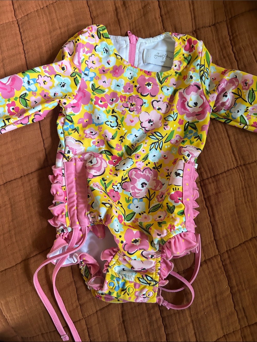 Sweethoney Girls' Floral Long-Sleeve One-Piece Swimsuit in Yellow and Pink